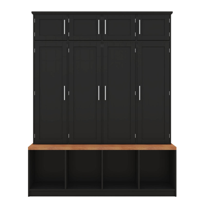 Hall Tree With 4 Hidden Hanging Hooks, Versatile Walnut Seating Bench With 8 Doors, Entryway Shoe Cabinet With Open Compartments