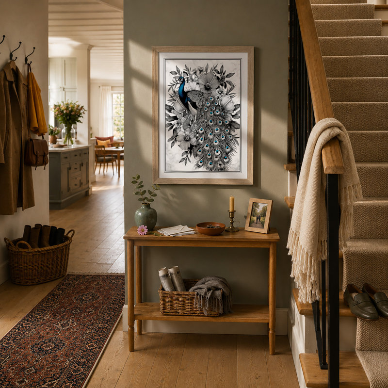 Ornamental Peacock Study Botanical - Framed Print, A2 - 59.4 x 42.0 cm, Oak