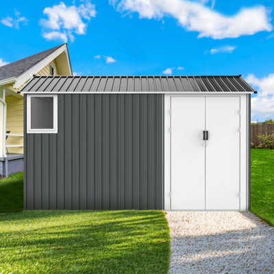 8X12 Ft Metal Outdoor Storage Shed With Window, Floor Base, Air Vents And Double Hinged Door