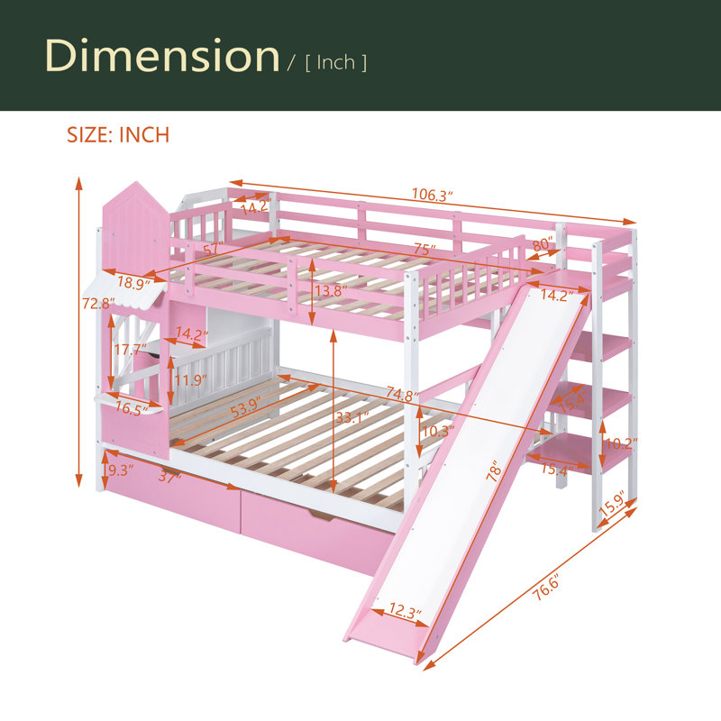Lit superposé double de style château avec 2 tiroirs et 3 glissières, Rose