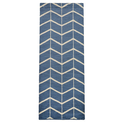 Bleu | Tapis de couloir beige à motif géométrique fait à la main