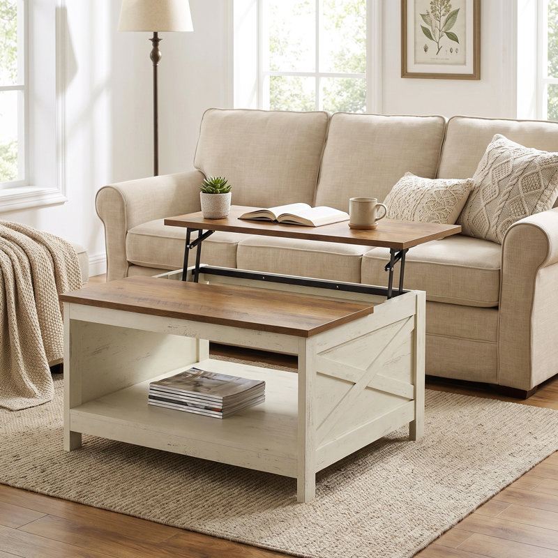 Table basse à plateau relevable Farmhouse, White, Open cubby
