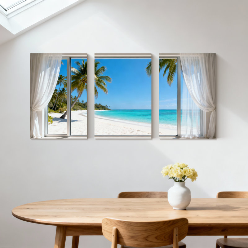Scénario et paysages urbains, plage tropicale, palmiers, océan, ciel, sable blanc, ensemble de 3 rideaux, H 18 po x l 36 po