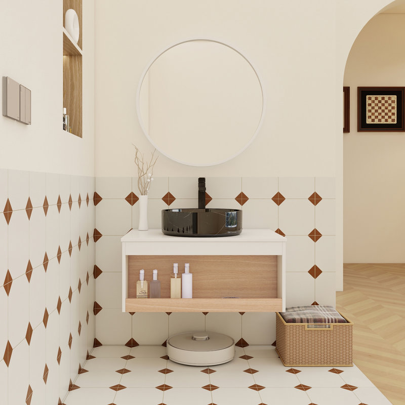 Meuble-lavabo flottant avec lavabo vasque en marbre noir, tablette ouverte, conception moderne peu encombrante, 30", Noir
