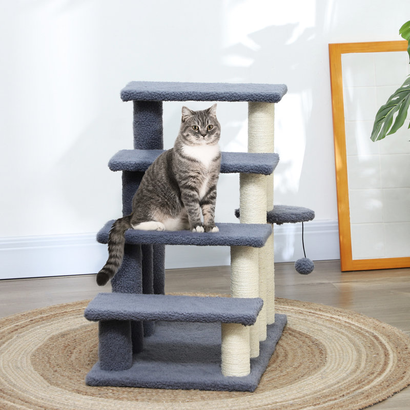 Marches grises pour chat 4 niveaux avec poteaux à griffer, jeu suspendu et marche latérale pour les marches de petits chats, propriétaires jusqu'à 10 livres,