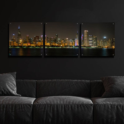 'Chicago Cityscape Baseball' by Epic Portfolio, Acrylic Glass Wall Art, 3 Piece Set, 72" x 24"