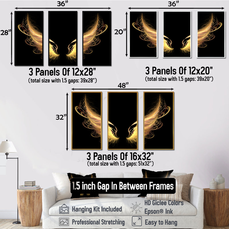 Golden Angel Wings On Black - ensemble de 3 reproductions d'art encadrées abstraites sur toile, H 20 po x l 36 po x P 1 po