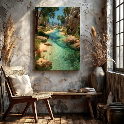 Desert Oasis River Palm Trees Canyon Canvas Wall Art Print, Tropical Landscape Decorative Artwork For Living Room, Bedroom, Office, Hallway, And Apartment Gallery Decor, Modern Home Accent