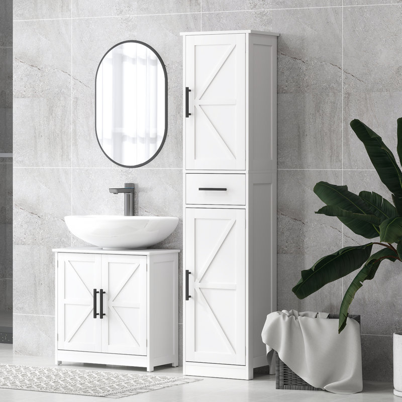 Armoire de rangement à piédestal, armoire de salle de bain autoportante Farmhouse avec 2 portes de grange et tablette réglable