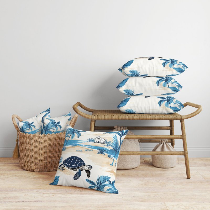 Oreiller réversible intérieur / extérieur Sandy Shores Turtle, H 18 po x l 18 po, Bleu/doré