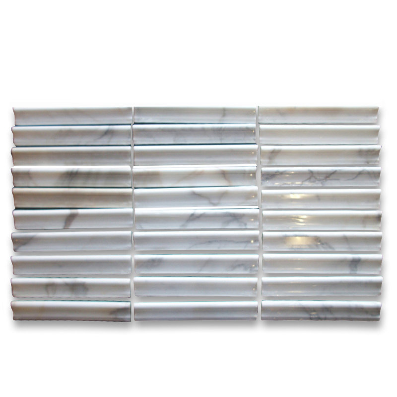 Calacatta 12" x 2" Marble Mosaic Tile, White/Gray