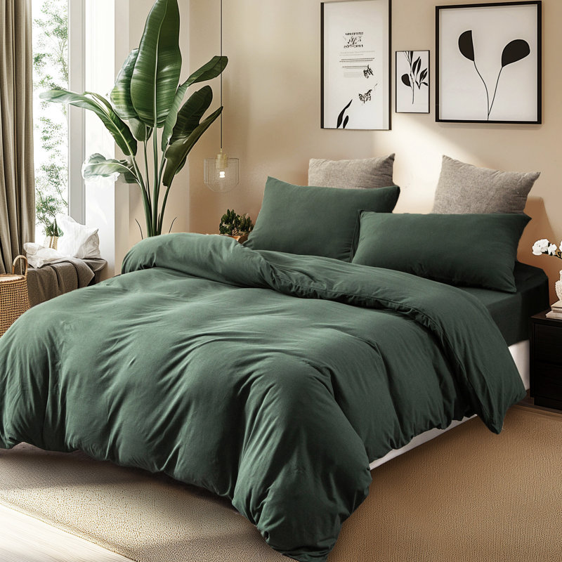 HOME BEDDING Jersey Cotton Duvet Cover Set, King Duvet Cover + 2 King Shams, Green