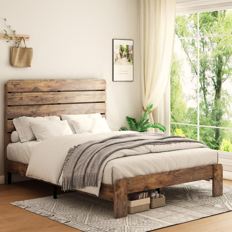 Lit plateforme robuste en bois au design silencieux et amplement de rangement sous le lit, Grand lit