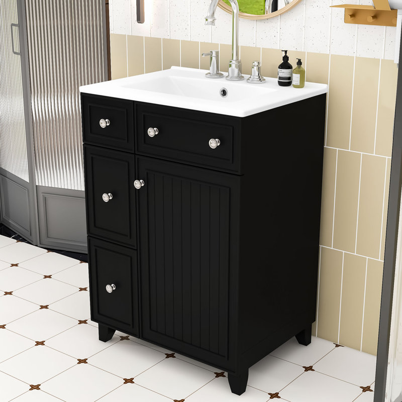 Meuble-lavabo chic 2 tiroirs 24 po avec lavabo en céramique et conception compacte, Noir, Argent argent
