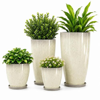 Grands pots de fleurs d'extérieur, ensemble de 4, 25/30/53/61 cm, finition crème émaillée