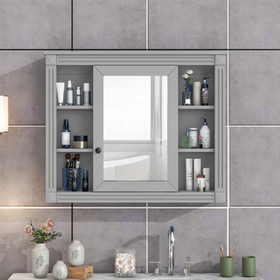 Armoire de rangement murale de salle de bain 35 po x 28 po, armoire à pharmacie, armoire murale moderne avec miroir, armoire à miroir avec 6 tablettes ouvertes (meuble-lavabo non inclus)