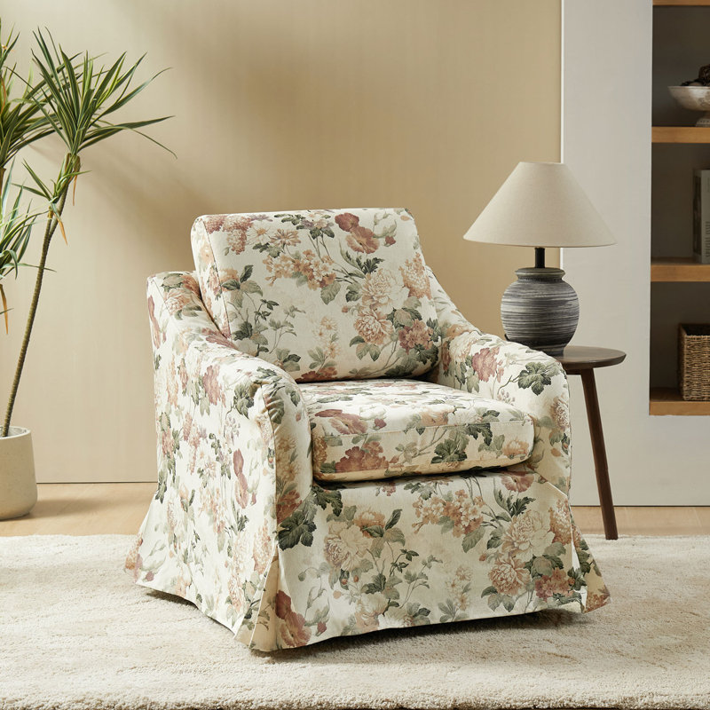 Asman Farmhouse Upholstered Slipcovered Swivel Armchair, Red Polyester Blend