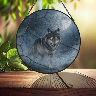 Loup hurlant à la lune, vitrail pour fenêtre