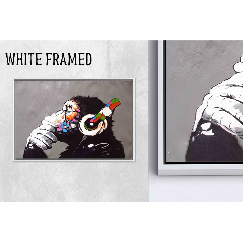 Reproduction sur toile: art graphique de chimpanzé avec un casque de singes Banksy, toile blanche encadrée 1P