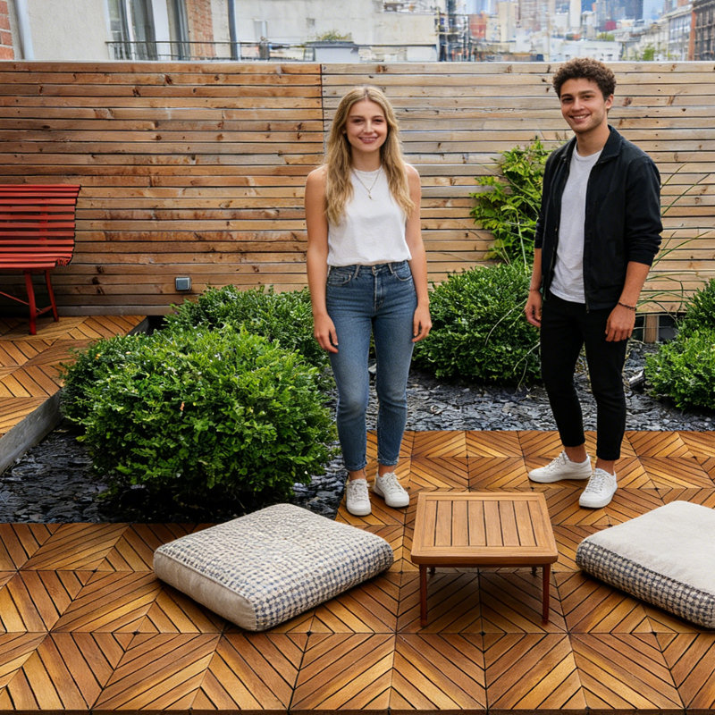 Carreaux de terrasse imbriqués en bois d'acacia massif, plancher extérieur à motif diagonal de 12 po x 12 po pour patio, balcon et bord de piscine (paquet de 10) - Résistant aux intempéries, imperméable et antidérapant - Installation facile à verrou, aucun outil nécessaire