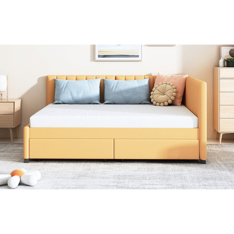 Lit double tapissier pleine grandeur avec 2 compartiments de rangement, lin jaune, structure stable, lit de jour sans sommier en tissu de lin, espaces, robuste pour un usage domestique