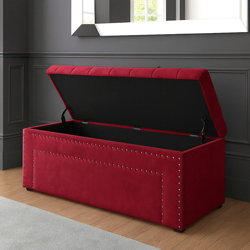 Duke Ottoman Storage Box - Chesterfield Upholstered Blanket Box - Plush Velvet Ottoman Bench with Storage, Claret Red