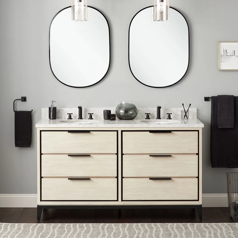 60" Hytes Double Bathroom Vanity Set with Oval Undermount Sinks, Carrara Marble, Sky Gray