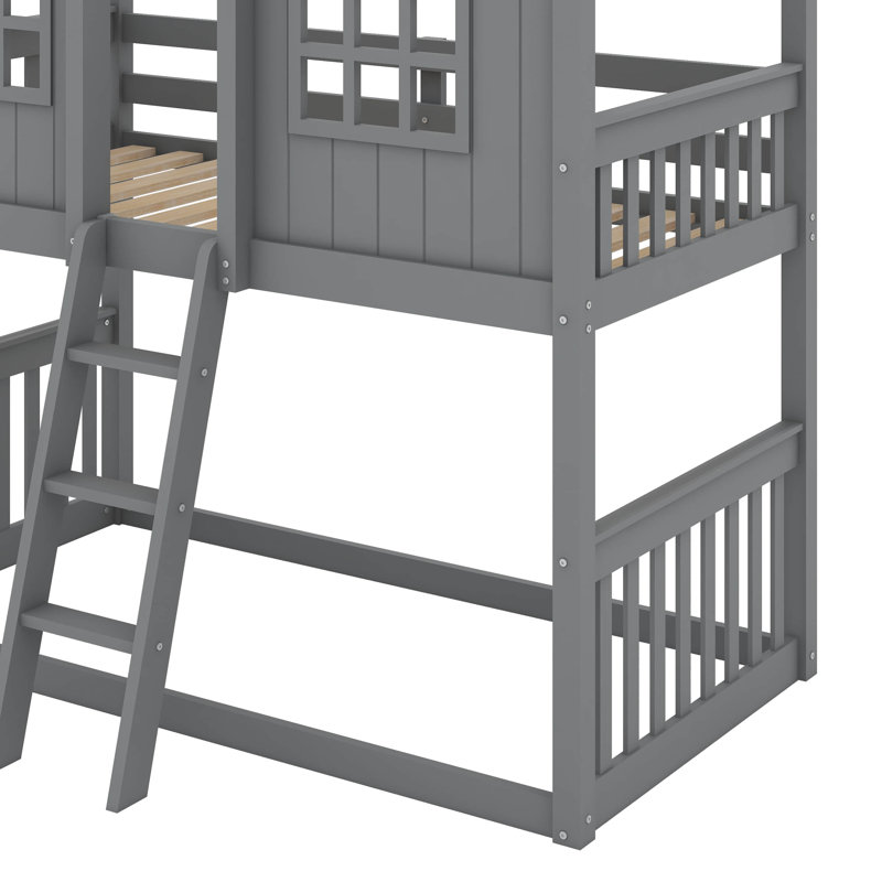 Twin Over Twin House Bunk Bed With Ladder, Gray