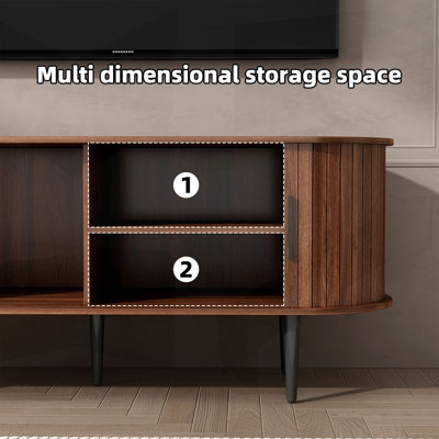 Console télé moderne avec rangement, porte coulissante et design Mid-Century pour le salon et la chambre à coucher