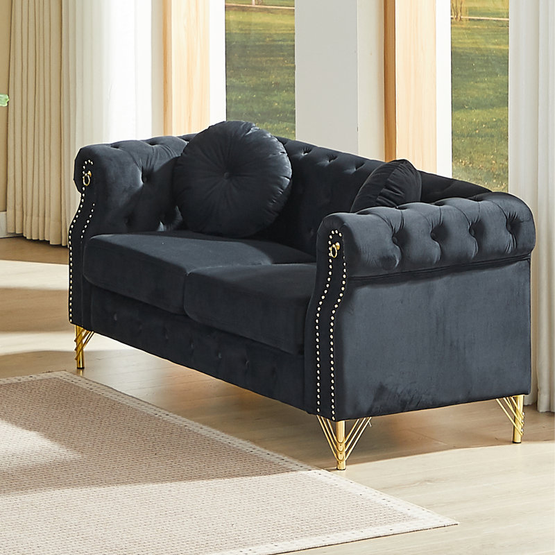 Canapé Chesterfield en velours avec clous en cuivre et boutons capitonnés, L 82 po, Gris