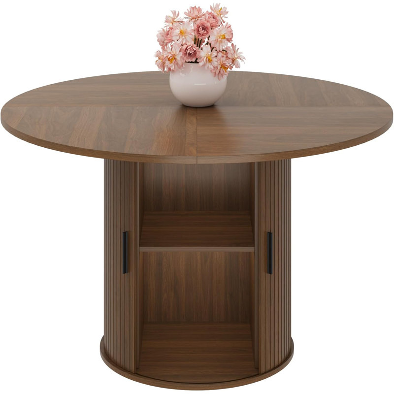 47" Round Dining Table for 4 with 2-Tier Storage Shelf & Wood Slide Door, Space-Saving Kitchen Table for Dining Room, Living Room