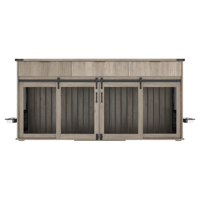 Cage double pour chien de style meuble avec 3 tiroirs, prise de courant de type C et distributeurs de nourriture rotatifs
