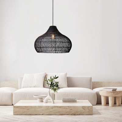Latigo Rattan Pendant Light - 18" Black Dome Handwoven Adjustable Light Fixture For Kitchen Island or Dining Room in Modern and Farmhouse Style