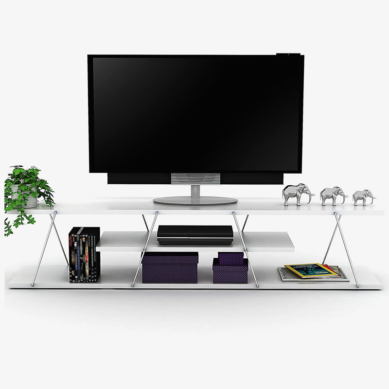Meuble télé moderne avec tablettes ouvertes, centre de divertissement avec cordons de rangement en métal, meuble télé bas de 56 pouces, blanc / chrome