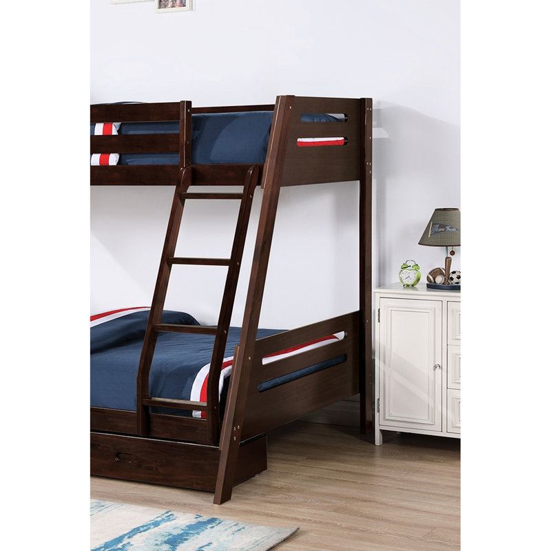 Finition du lit superposé transitionnel sur une structure en bois massif, angle réversible, tiroirs sous le lit, conception à lattes, rails supérieurs, insert et verrou, système d'assemblage simple simple sur double avec effort - moins