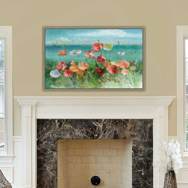 Coquelicots côtiers - Peinture, H 31,5 po x l 51,5 po x P 2 po, Cadre flottant champagne