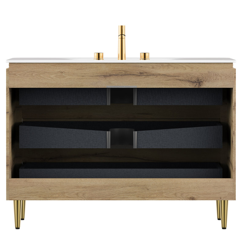 Meuble-lavabo autoportant de 48 po avec armoire en contreplaqué à 3 tiroirs, lavabo intégré en pierre frittée blanche, finition chêne, installation facile, lavabo automatique à DEL de 48 po, tiroirs de rangement, pré-percé