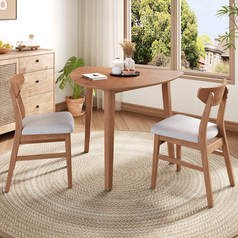 3-Piece Modern Table Set, Triangular Side Table with 2 Curved Wood Chairs, Light Brown