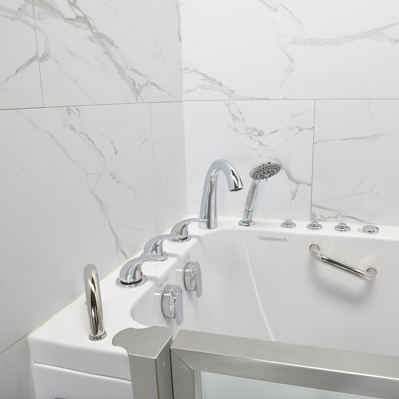 Ella Royal 32"x52" Acrylic Air and Hydro Massage Walk-In Bathtub with Left Inward Swing Door, 5 Piece Fast Fill Faucet, 2" Dual Drain, Carrara Wall Surround