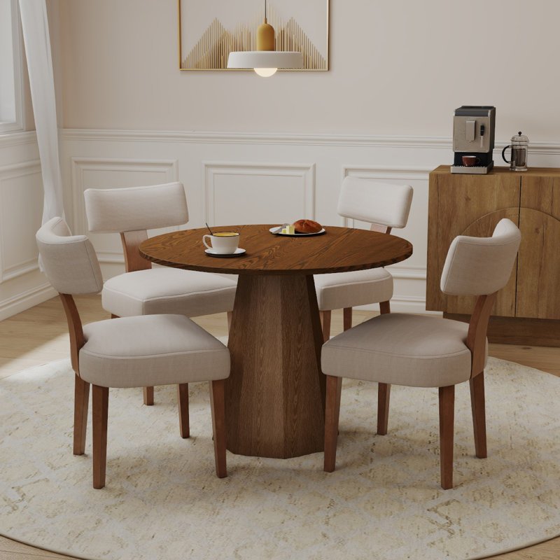 5-Piece Dining Set Mid-Century Wooden Table & Upholstered Chair Set For Home, Kitchen, Dining Room, Beige/Walnut