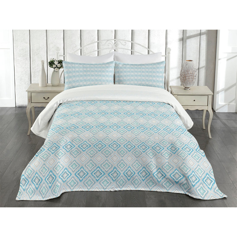 White and Sky Blue Quilted King Bedspread Set