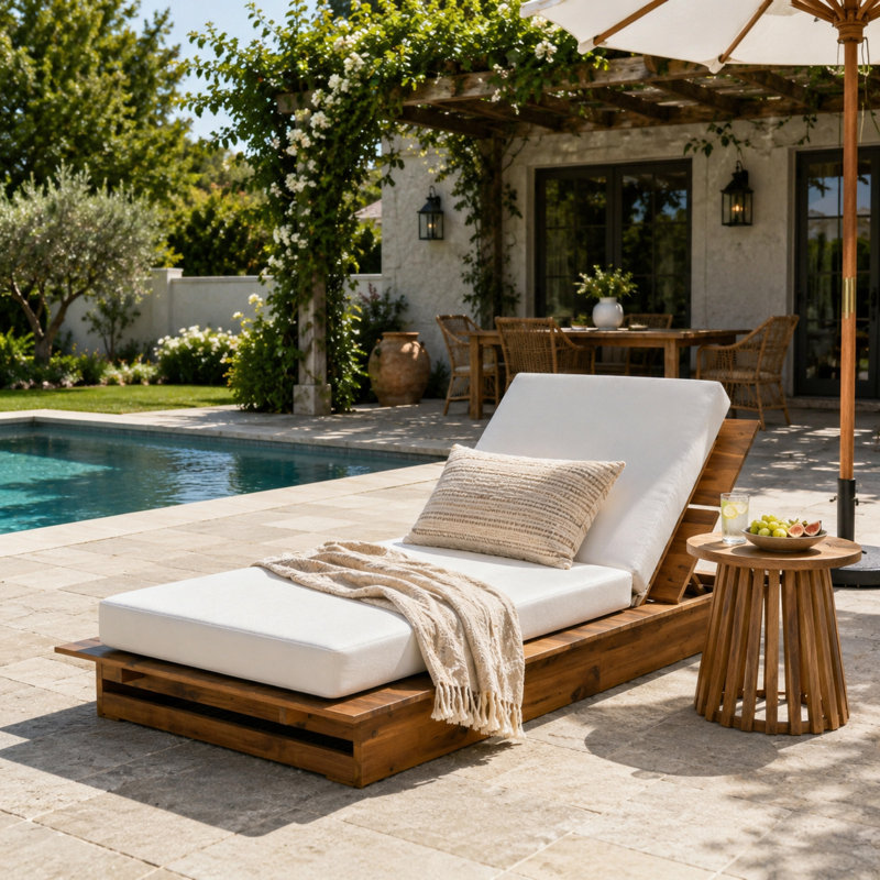 Acacia Wood Chaise Lounge with 4" Cushion and 3-Position Recline, Cream