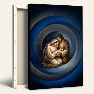Tableau mural sur toile représentant la Sainte Famille avec l'Enfant Jésus sur fond bleu tourbillonnant