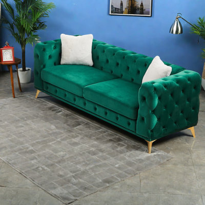 Modern Compression Sofas, 82.5 Inch Green Velvet Chesterfield For Home