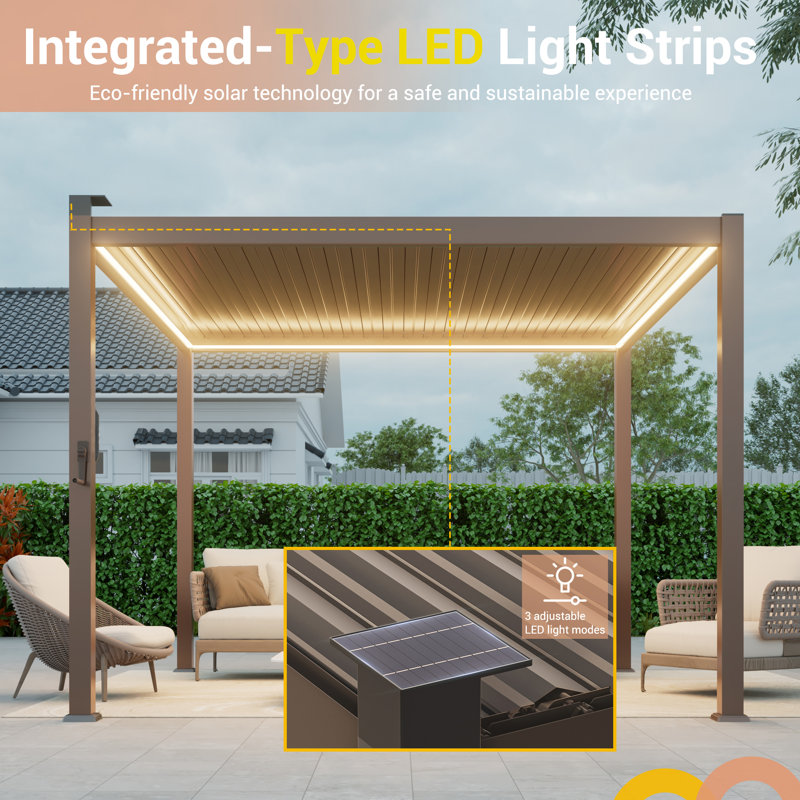 Pergola solaire à persiennes à DEL, pergola d'extérieur avec lumières à DEL et pergola en métal à toit rigide avec toit réglable