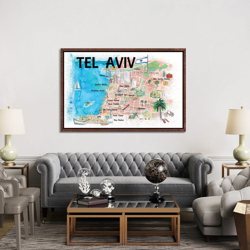 Tel Aviv Israel Illustrated Map With Roads Landmarks And Highlights by Markus & Martina Bleichner - Print on Canvas