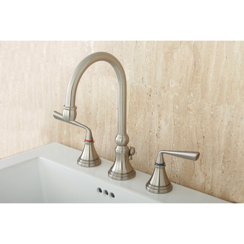 Kingston Brass Silver Sage Two-Handle 3-Hole Deck Mount Widespread Bathroom Faucet with Brass Pop-Up Drain, Brushed Nickel