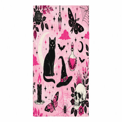 1Pcs Whimsical Pink Witchy Black Cat Skull Butterfly Beach Towel for Outdoor Camping and Travel