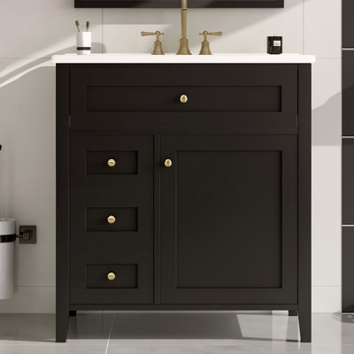 Meuble-lavabo de 30 pouces avec lavabo, panneau de fibres à densité moyenne moderne et bois d'hévéa avec 3 tiroirs et tablette réglable, meuble-lavabo autoportant pour le rangement et l'organisation de la salle de bain