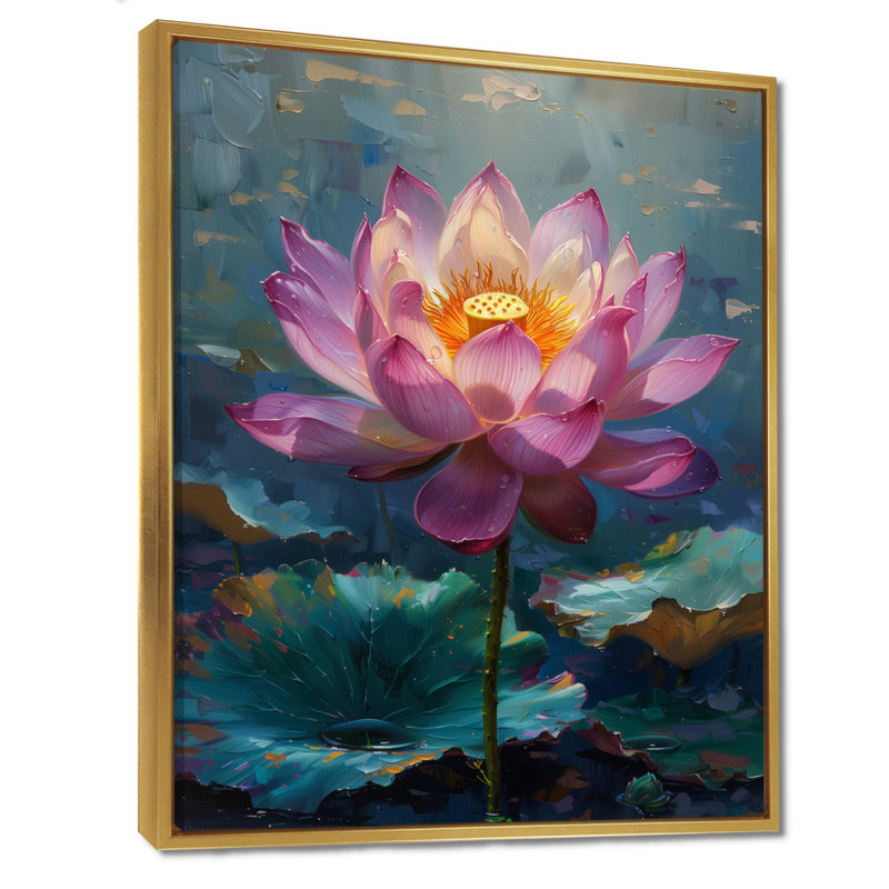 Étang de lotus rayonnant rose et vert III, Cadre flottant doré, H 30 po x l 40 po